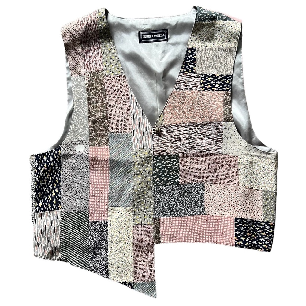 Itsuko Takeda - Cottagecore Asymmetrical 100% Silk Patchwork Vest - Grey Large